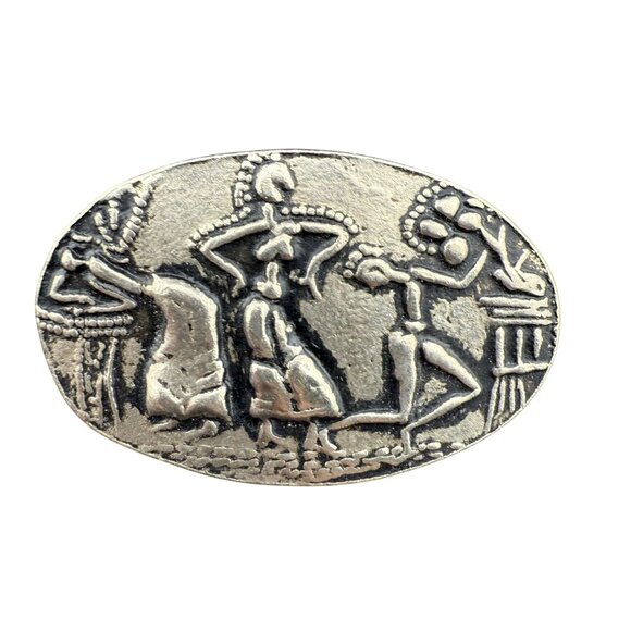 Tribal-Inspired Silver Tone Circular Brooch Pin With Intricate Engraved Figures - Picture 1 of 3